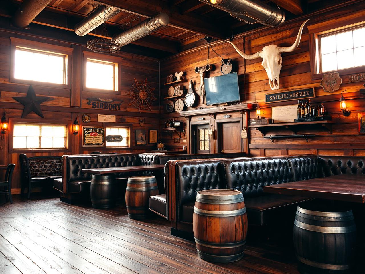 Whiskey Junction interior with leather booths and barrels